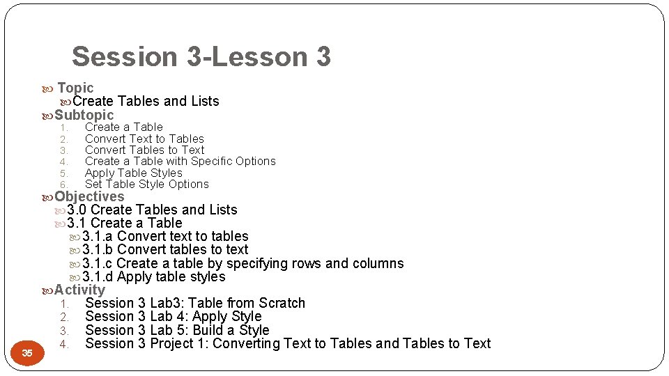 Session 3 -Lesson 3 Topic Create Tables and Lists Subtopic 1. Create a Table