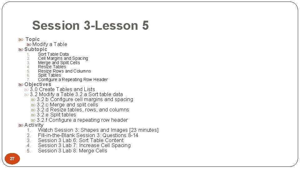 Session 3 -Lesson 5 Topic Modify a Table Subtopic 1. 2. 3. 4. 5.