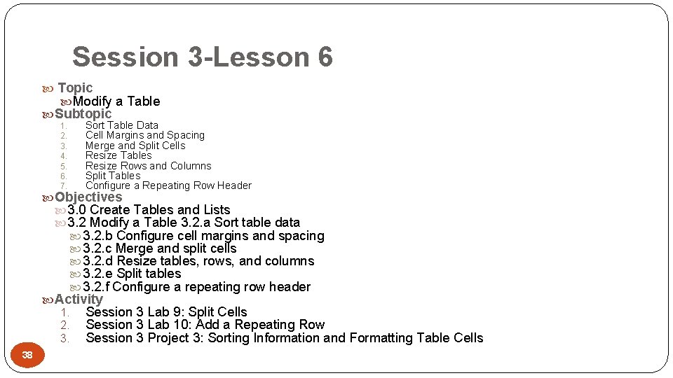 Session 3 -Lesson 6 Topic Modify a Table Subtopic 1. 2. 3. 4. 5.