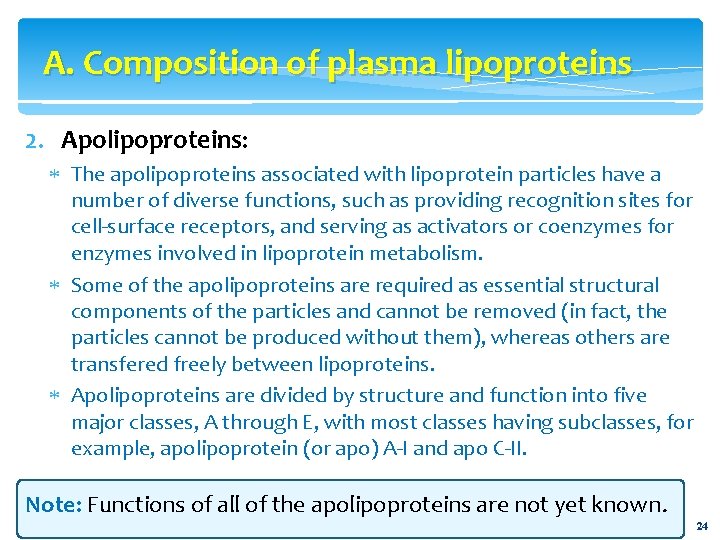 A. Composition of plasma lipoproteins 2. Apolipoproteins: The apolipoproteins associated with lipoprotein particles have