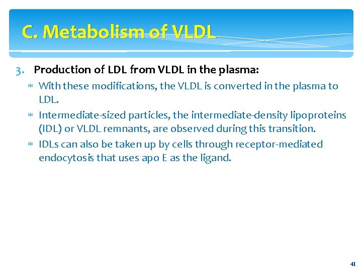 C. Metabolism of VLDL 3. Production of LDL from VLDL in the plasma: With