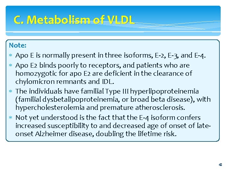 C. Metabolism of VLDL Note: Apo E is normally present in three isoforms, E-2,
