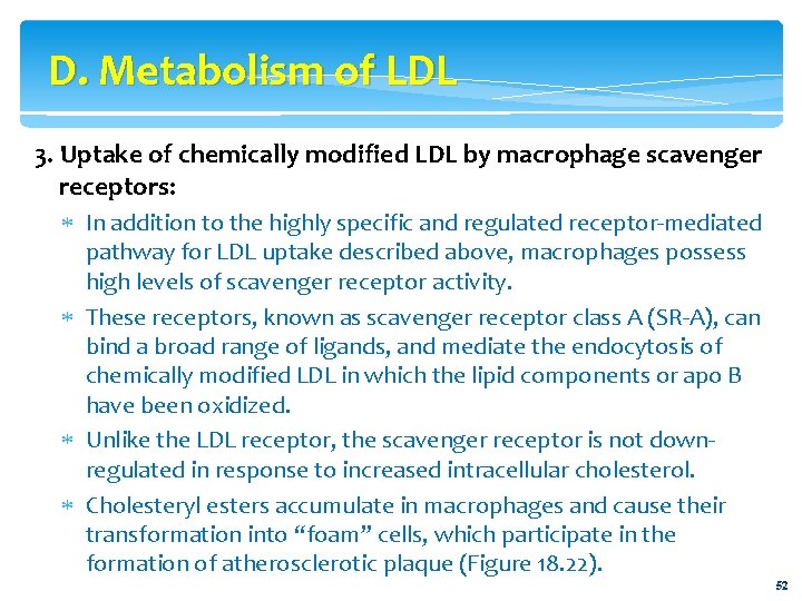 D. Metabolism of LDL 3. Uptake of chemically modified LDL by macrophage scavenger receptors: