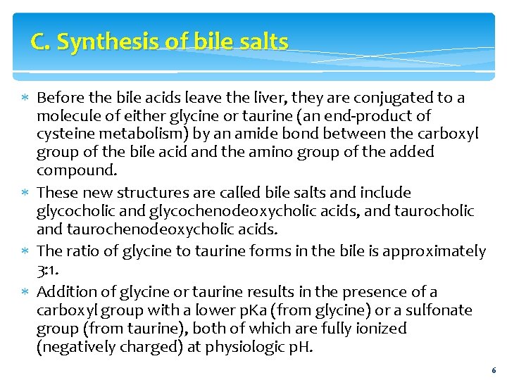 C. Synthesis of bile salts Before the bile acids leave the liver, they are