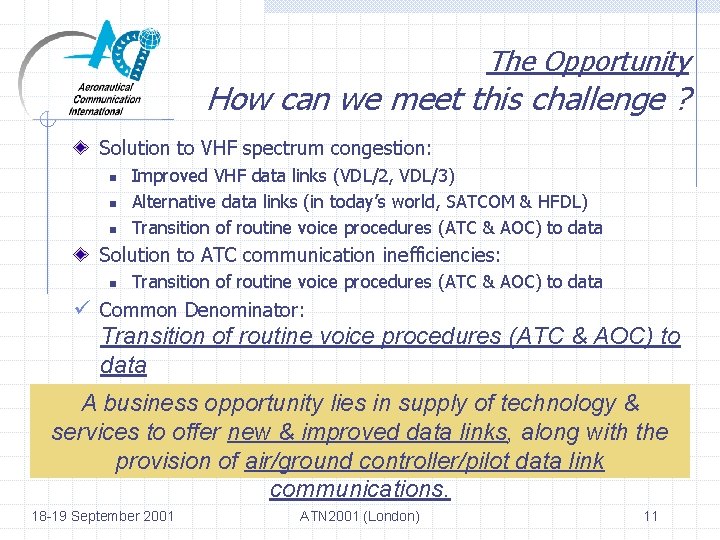 The Opportunity How can we meet this challenge ? Solution to VHF spectrum congestion: