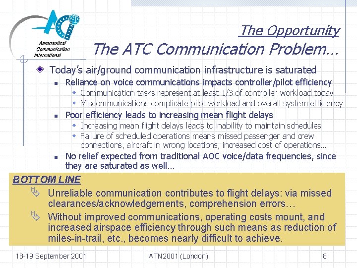 The Opportunity The ATC Communication Problem… Today’s air/ground communication infrastructure is saturated n Reliance