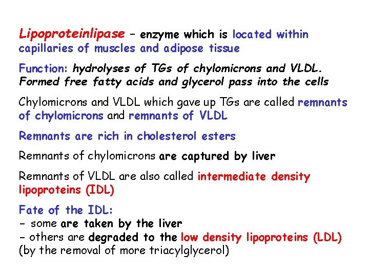 Lipoproteinlipase – enzyme which is located within capillaries of muscles and adipose tissue Function: