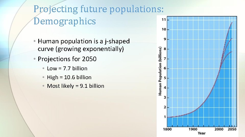 Projecting future populations: Demographics • Human population is a j-shaped curve (growing exponentially) •
