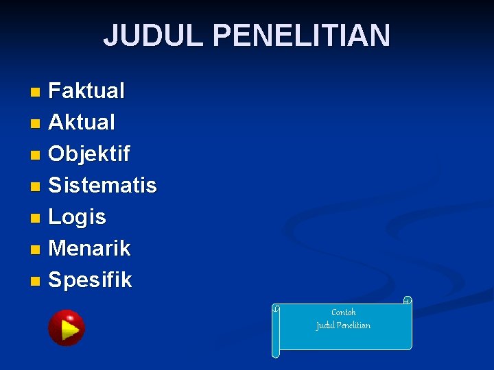 JUDUL PENELITIAN Faktual n Aktual n Objektif n Sistematis n Logis n Menarik n