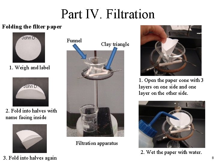 Part IV. Filtration Folding the filter paper John D. Funnel Clay triangle 1. Weigh