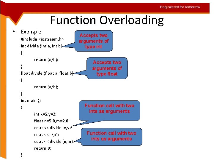 Engineered for Tomorrow Function Overloading • Example Accepts two #include <iostream. h> arguments of