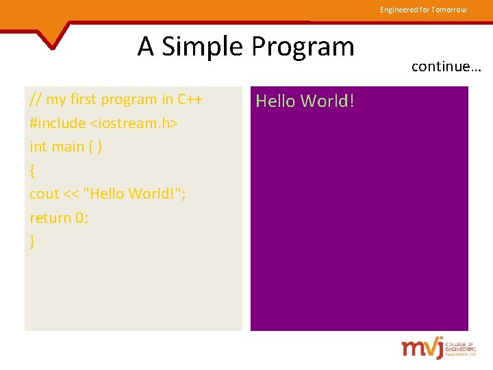 Engineered for Tomorrow A Simple Program // my first program in C++ #include <iostream.