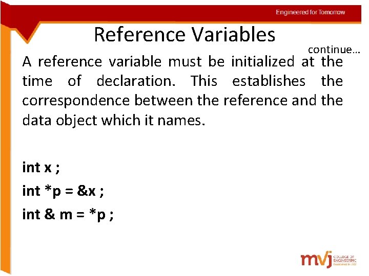 Engineered for Tomorrow Reference Variables continue… A reference variable must be initialized at the