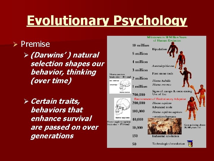 Evolutionary Psychology Ø Premise Ø (Darwins’ ) natural selection shapes our behavior, thinking (over