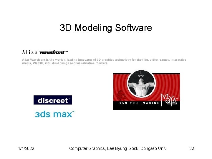 3 D Modeling Software 1/1/2022 Computer Graphics, Lee Byung-Gook, Dongseo Univ. 22 