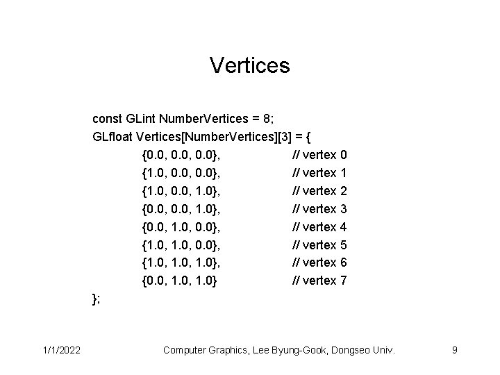 Vertices const GLint Number. Vertices = 8; GLfloat Vertices[Number. Vertices][3] = { {0. 0,