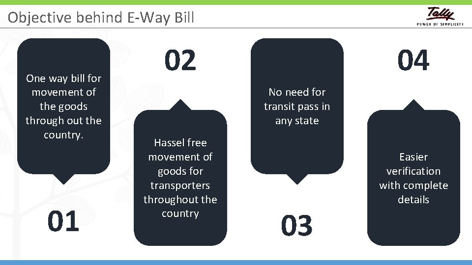 Objective behind E-Way Bill One way bill for movement of the goods through out