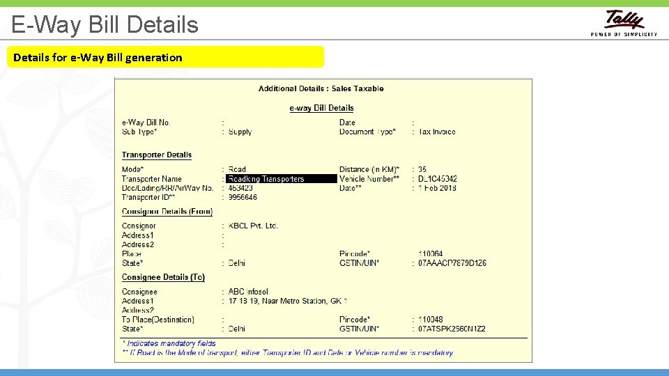 E-Way Bill Details for e-Way Bill generation 44 