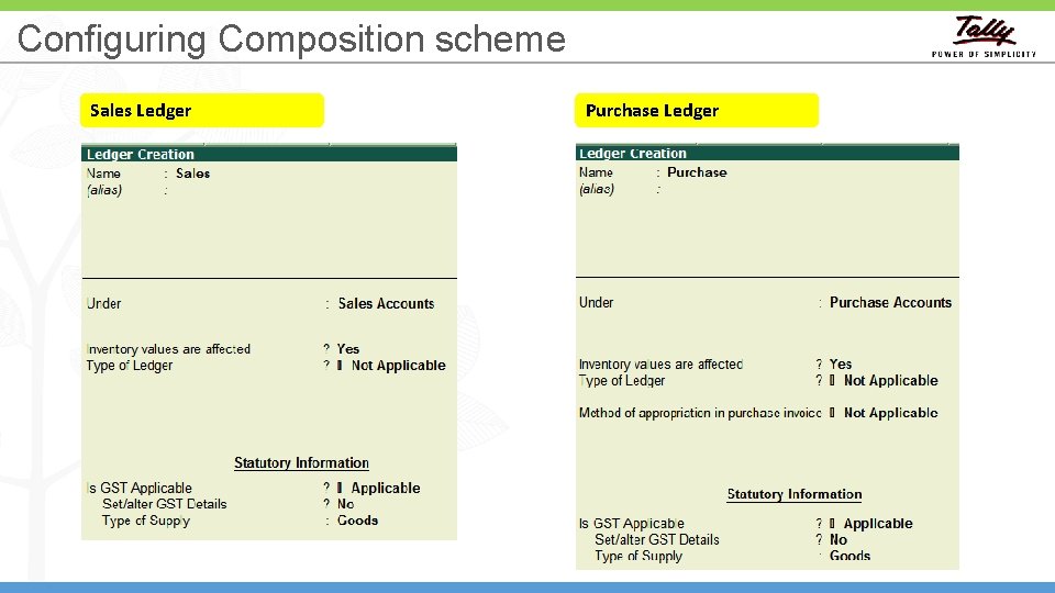 Configuring Composition scheme Sales Ledger Purchase Ledger 56 