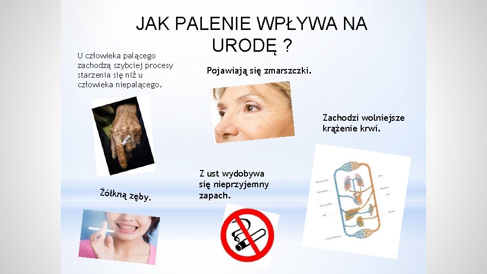 JAK PALENIE WPŁYWA NA URODĘ ? U człowieka palącego zachodzą szybciej procesy starzenia się