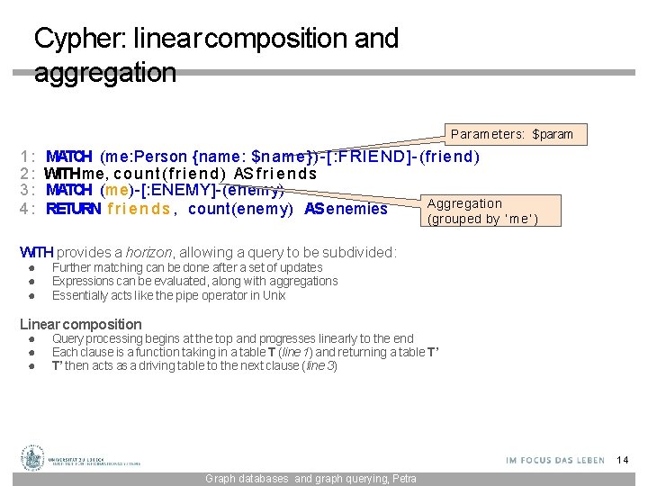 Cypher: linear composition and aggregation Parameters: $param 1: 2: 3: 4: MATCH (me: Person