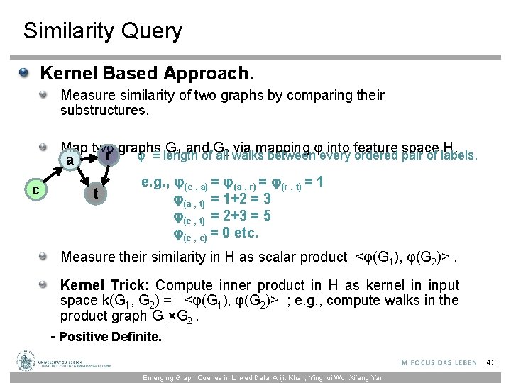Similarity Query Kernel Based Approach. Measure similarity of two graphs by comparing their substructures.
