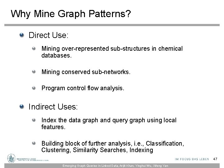 Why Mine Graph Patterns? Direct Use: Mining over-represented sub-structures in chemical databases. Mining conserved
