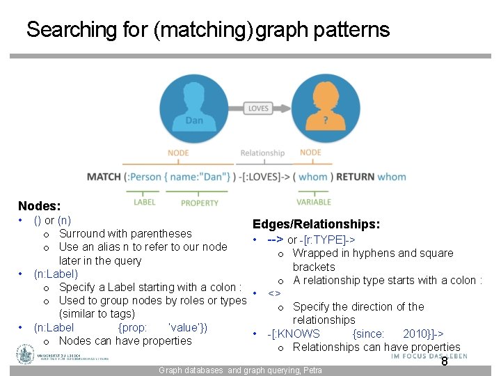 Searching for (matching) graph patterns Nodes: • • • () or (n) o Surround
