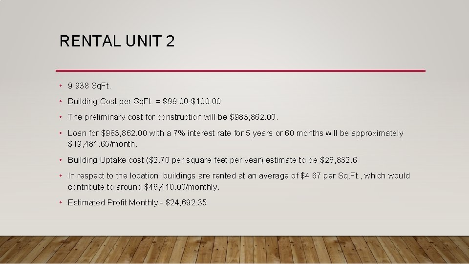 RENTAL UNIT 2 • 9, 938 Sq. Ft. • Building Cost per Sq. Ft.