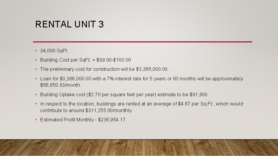 RENTAL UNIT 3 • 34, 000 Sq. Ft. • Building Cost per Sq. Ft.