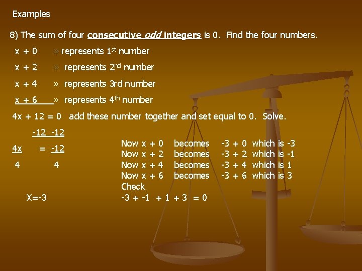 Examples 8) The sum of four consecutive odd integers is 0. Find the four