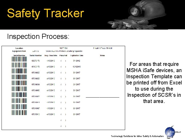 Safety Tracker Inspection Process: For areas that require MSHA i. Safe devices, an Inspection
