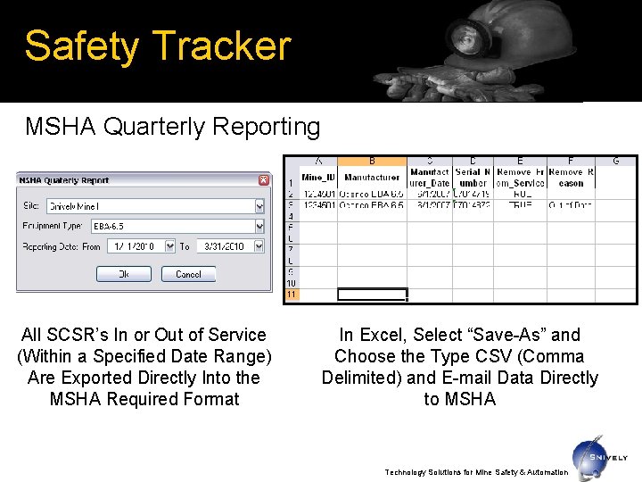Safety Tracker MSHA Quarterly Reporting All SCSR’s In or Out of Service (Within a
