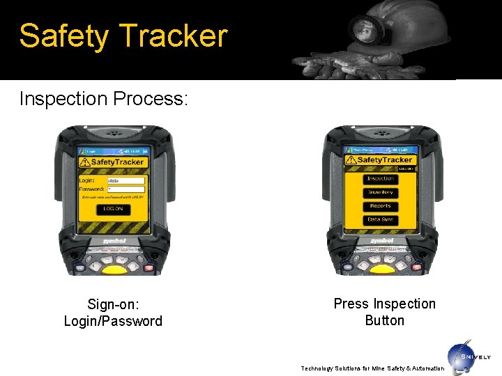 Safety Tracker Inspection Process: Sign-on: Login/Password Press Inspection Button Technology Solutions for Mine Safety