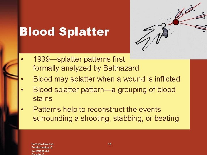 Blood Splatter • • 1939—splatter patterns first formally analyzed by Balthazard Blood may splatter