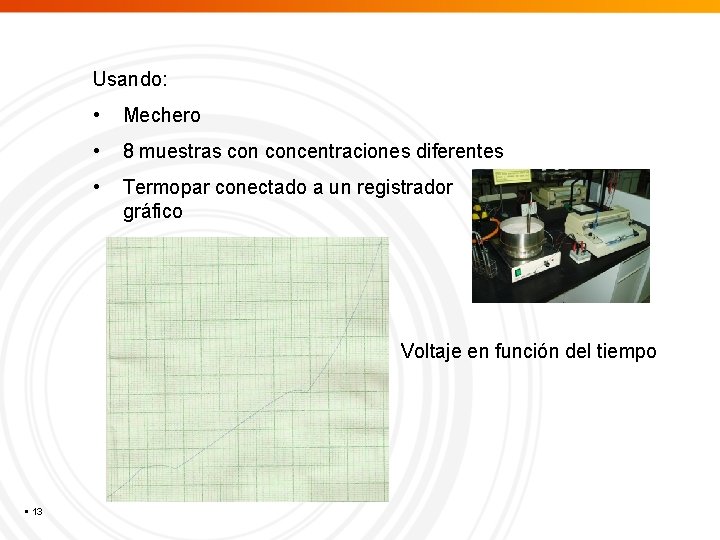 Usando: • Mechero • 8 muestras concentraciones diferentes • Termopar conectado a un registrador