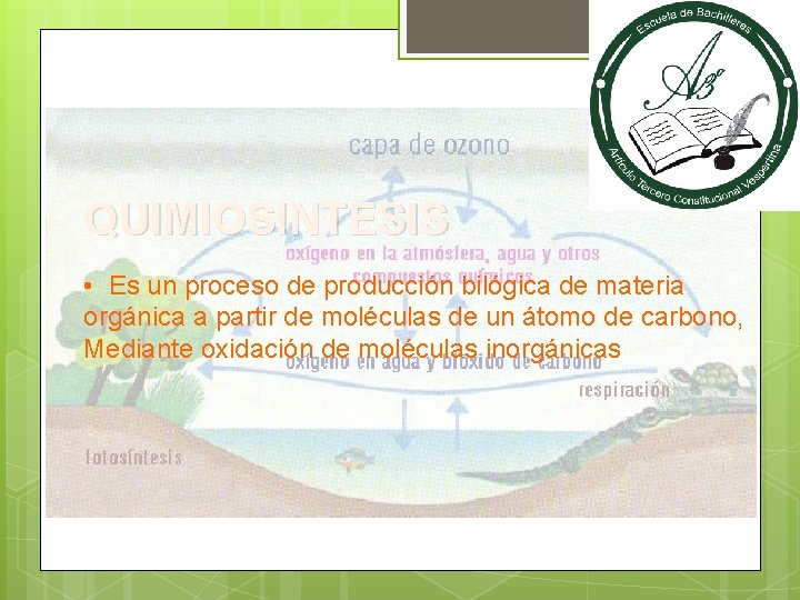 QUIMIOSINTESIS • Es un proceso de producción bilógica de materia orgánica a partir de