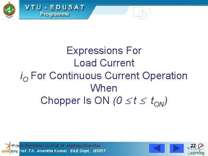 Expressions For Load Current i. O For Continuous Current Operation When Chopper Is ON