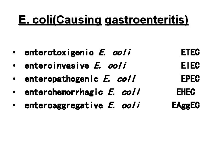 E. coli(Causing gastroenteritis) • • • enterotoxigenic E. coli enteroinvasive E. coli enteropathogenic E.