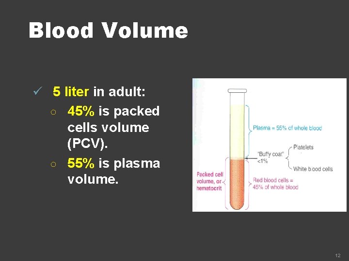 Blood Volume ü 5 liter in adult: ○ 45% is packed cells volume (PCV).