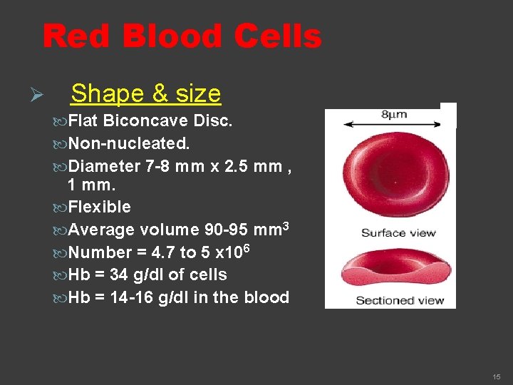 Red Blood Cells Ø Shape & size Flat Biconcave Disc. Non-nucleated. Diameter 7 -8