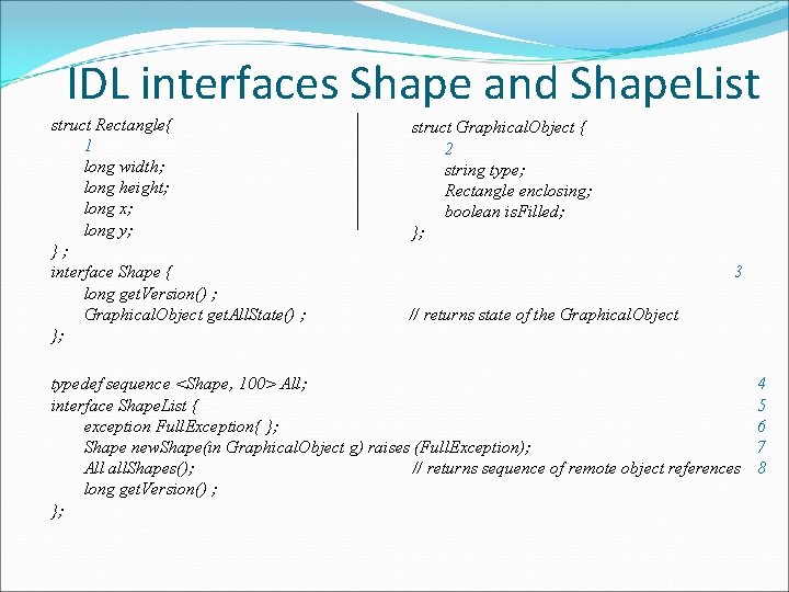 IDL interfaces Shape and Shape. List struct Rectangle{ 1 long width; long height; long