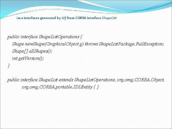Java interfaces generated by idlj from CORBA interface Shape. List public interface Shape. List.