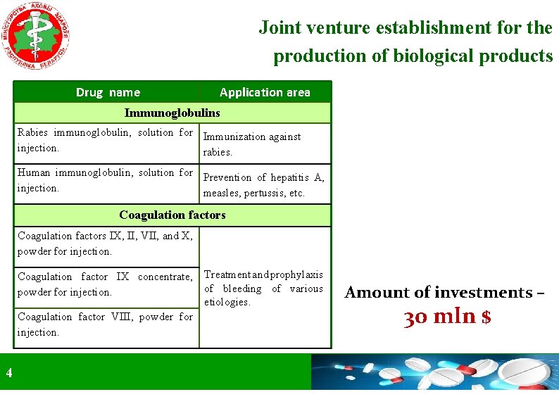 Joint venture establishment for the production of biological products Drug name Application area Immunoglobulins