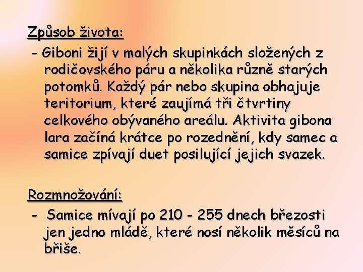 Způsob života: - Giboni žijí v malých skupinkách složených z rodičovského páru a několika