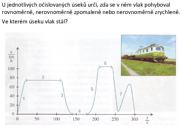 U jednotlivých očíslovaných úseků urči, zda se v něm vlak pohyboval rovnoměrně, nerovnoměrně zpomaleně