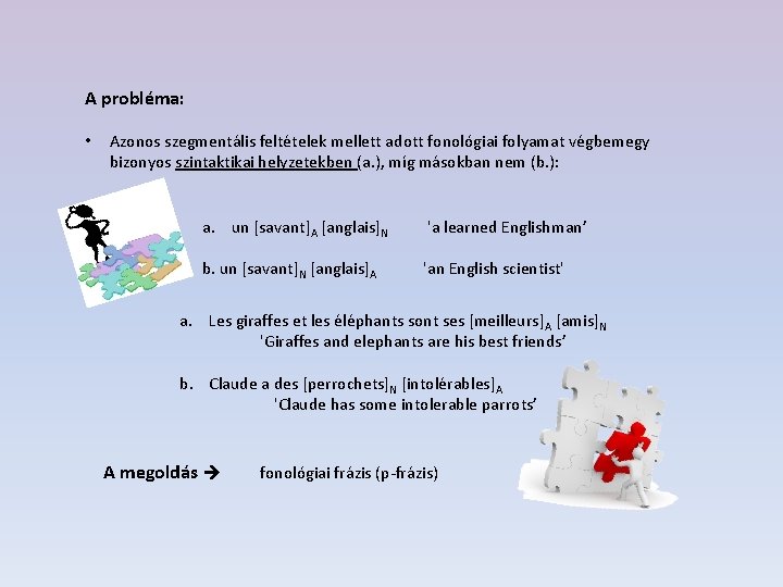 A probléma: • Azonos szegmentális feltételek mellett adott fonológiai folyamat végbemegy bizonyos szintaktikai helyzetekben