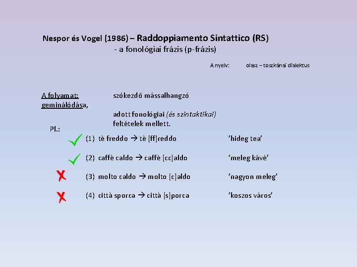 Nespor és Vogel (1986) – Raddoppiamento Sintattico (RS) - a fonológiai frázis (p-frázis) A
