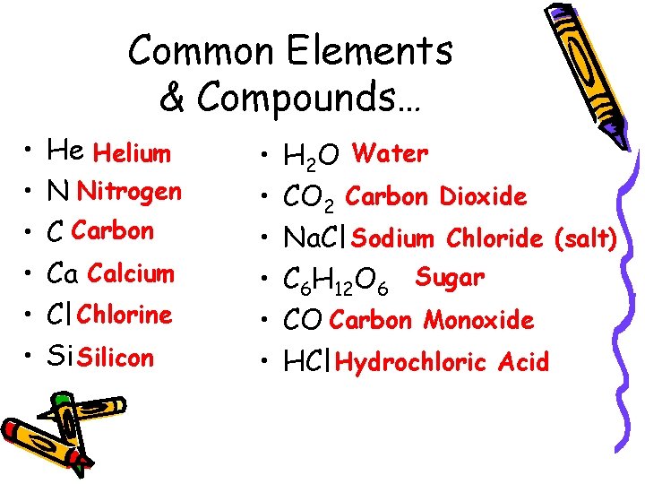 Common Elements & Compounds… • • • He Helium N Nitrogen C Carbon Ca