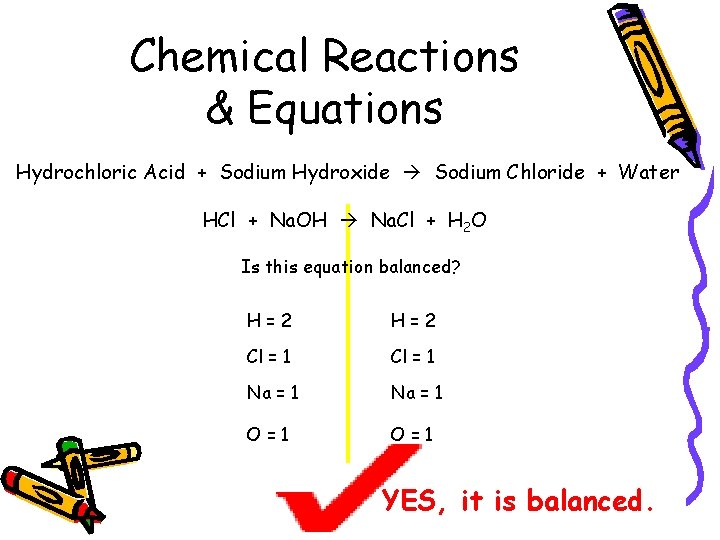 Chemical Reactions & Equations Hydrochloric Acid + Sodium Hydroxide Sodium Chloride + Water HCl